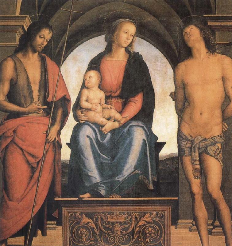 The Madonna and the Nino enthroned, with the Holy Juan the Baptist and Sebastian, Pietro vannucci called IL perugino